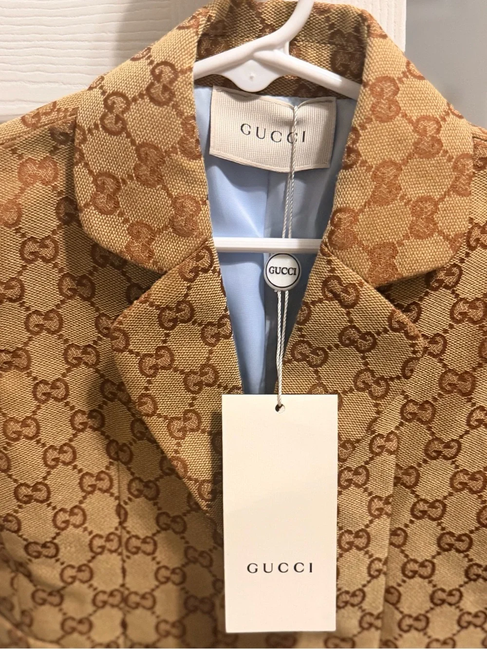 Gucci Kids Beige GG Monogram Blazer with Embroidered Pocket